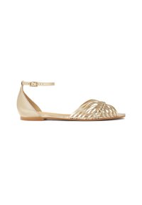Goldene flache Sandalen mit offenem Zeh und geflochtenem Obermaterial, ausgestattet mit einem schmalen Knöchelriemen und glattem Leder.