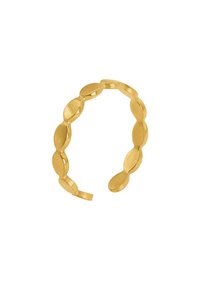 Bracelet doré avec un design lié composé d'éléments en forme d'ovale, textures lisses et martelées, et une bande flexible pour un ajustement de taille.