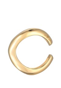 Pulsera de plata esterlina tono dorado con un diseño liso y curvado. Las marcas notables incluyen "925" y un logotipo de triángulo en un lado.