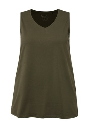 Haut sans manches vert olive avec un décolleté en V, fabriqué en tissu doux, présentant une coupe décontractée et un ourlet droit. Design minimaliste, sans motifs.