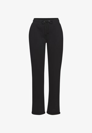 Pantalones de chándal negros con cintura ajustable, confeccionados en una tela suave, presentan un diseño de pierna recta y costuras visibles en el dobladillo.