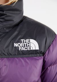 Black and purple puffer jacket with a high collar, featuring white embroidered "The North Face" logo on the upper chest.
