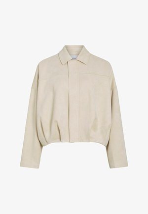 Beige cropped jakke med lange ermer, spiss krage og skjult frontlukking, laget av mykt semsket lignende materiale.