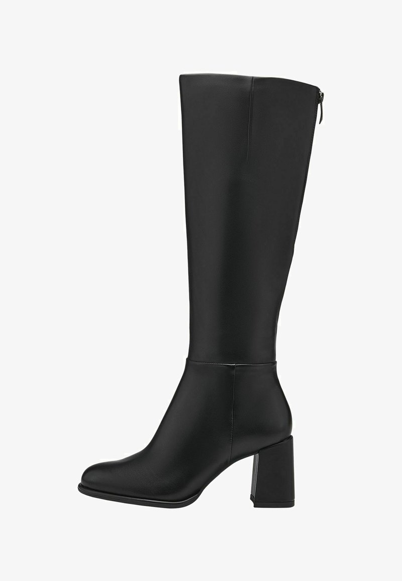 Black knee-high boots made of smooth synthetic material, featuring a block heel, rounded toe, and a side zipper closure.