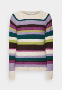 Gestrickter Pullover mit horizontalen Streifen in Türkis, Lila, Grün, Braun und Creme. Runder Ausschnitt, lange Ärmel und gerippte Bündchen.