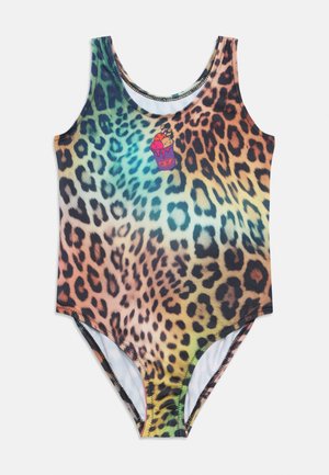 One-piece swimsuit with multicolor leopard print and small graphic of dripping ice cream cone on chest, sleeveless design.