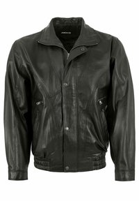 Svart läderjacka med dragkedjestängning, två sidofickor och ribbade muddar. Har en hög krage och distinkta texturmönster.