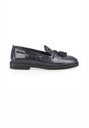 Dunkelblauer Lederloafer mit Quasten-Detail, schwarzer Sohle und dekorativer Naht entlang der Seiten.