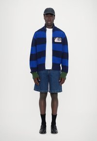Navy blue and teal striped knit cardigan with a zip front, paired with a white t-shirt, denim shorts, black socks, and loafers.