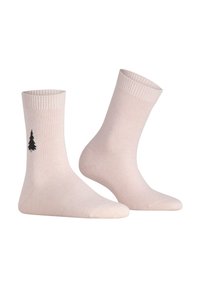 Hellrosa Socken aus Baumwollmischung mit gerippten Bündchen, seitlich mit einer kleinen schwarzen Baumgrafik versehen. Glatte Textur, Standard-Crew-Länge.