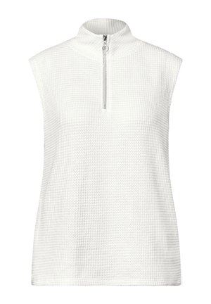 Vit ärmlös topp med hög krage och ¼ dragkedja. Det strukturerade tyget har ett rutmönster och erbjuder en lätt och luftgenomtränglig design.