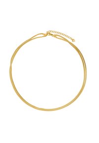 Collier ras du cou en métal doré avec un design élégant et arrondi et une finition texturée. Fermoir ajustable avec chaîne d'extension pour le réglage.