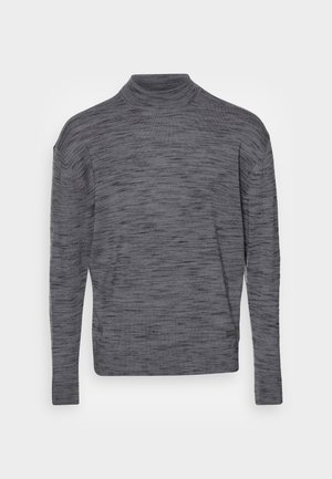 Long-sleeve, gray mock-neck sweater with a subtle black speckled pattern, displayed flat against a white background.