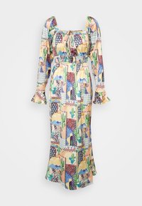 Robe longue à motif floral en tissu léger, avec manches longues, encolure carrée, taille élastique et bords de manches à volant.