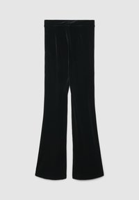Pantalon évasé en velours noir avec une texture lisse, doté d'une large ceinture et d'une silhouette fluide, conçu pour un ajustement confortable.