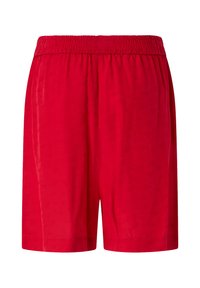 Pantaloni corti rossi con una vita elasticizzata, realizzati in tessuto leggero, caratterizzati da una superficie liscia e un design dritto.