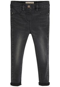 Černé džíny z denimu s úzkým střihem, pětivreckým designem, mírným vyblednutím a ohrnutými manžetami. Obsahují kovový knoflík a poutka na opasek.