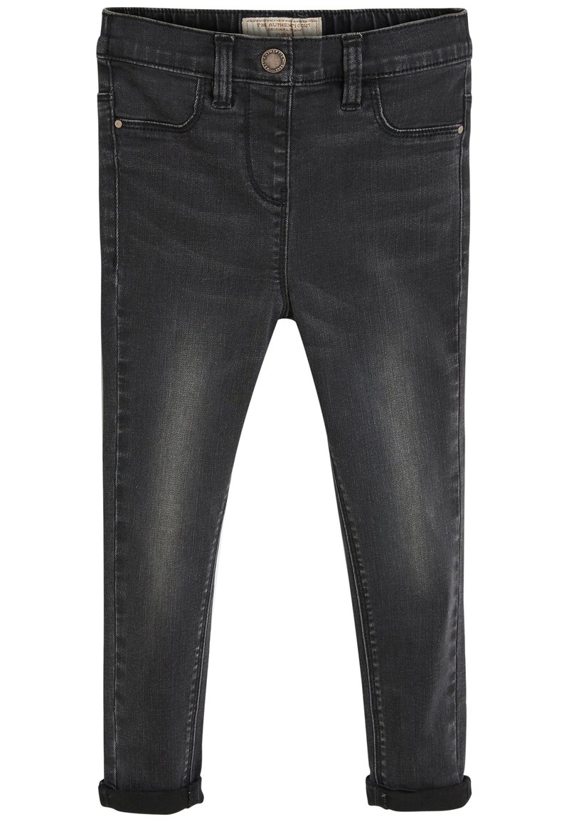 Černé džíny z denimu s úzkým střihem, pětivreckým designem, mírným vyblednutím a ohrnutými manžetami. Obsahují kovový knoflík a poutka na opasek.