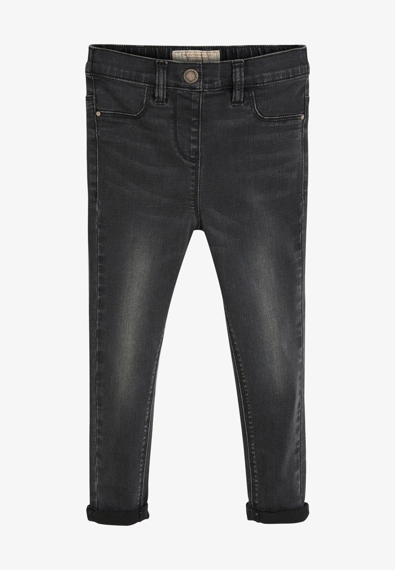 Černé džíny z denimu s úzkým střihem, pětivreckým designem, mírným vyblednutím a ohrnutými manžetami. Obsahují kovový knoflík a poutka na opasek.