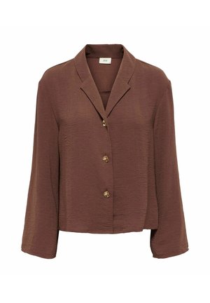 Ruda ilgomis rankovėmis palaidinė su trimis auksinėmis sagais, laisvo kirpimo ir su žemomis atlapomis.