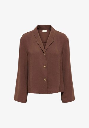 Ruda ilgomis rankovėmis palaidinė su trimis auksinėmis sagais, laisvo kirpimo ir su žemomis atlapomis.