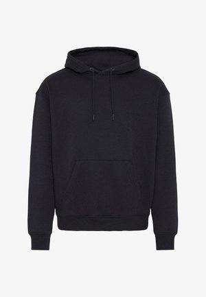 Fekete kapucnis pulóver puha anyagból, szabványos szabással, zsinórral állítható kapucnival, elöl kenguruzsebbel, valamint bordás mandzsettákkal és aljjal.