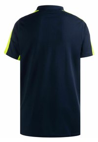 Marineblaues Polohemd mit kurzen Ärmeln, das leuchtend limegrüne Akzente an den Schultern aufweist. Glattes Material mit klassischem Kragendesign.