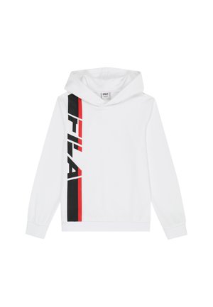 Hvid hættetrøje med lange ærmer og hætte, der har lodrette sorte og røde striber samt fed "FILA"-tekst på venstre side.