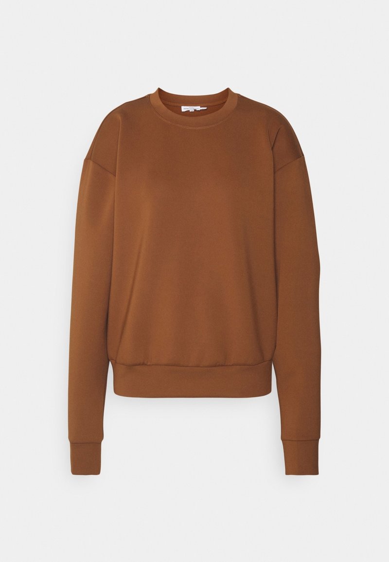 Sweat-shirt marron à manches longues avec col rond, poignets et bord côtelés, présenté sur un fond blanc uni.