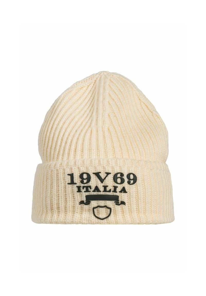 Cream ribbed knit beanie with a snug fit, featuring black text "19V69 ITALIA" and a shield graphic on the front.