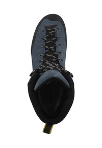 Blauer Wildleder-Wanderstiefel mit schwarzem Innenfutter, strukturiertem Gummisohle und schwarz-weißen Schnürsenkeln. Verfügt über eine gelbe Zuglasche an der Ferse.
