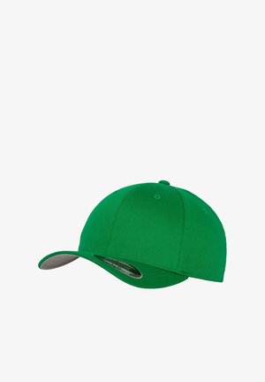 Green baseball cap with a smooth fabric, curved brim, and a gray underbrim. Features stitched eyelets for ventilation and a standard fitting design.