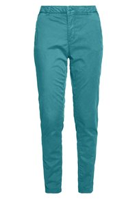 Tyrkysové, slim fit kalhoty vyrobené z lehké tkaniny, se zapínáním na zip, poutky na opasek a bočními kapsami. Hladký materiál, minimální detaily.