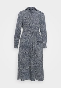 Abito a maniche lunghe di colore blu navy con motivo paisley bianco, dotato di colletto e cintura regolabile da annodare in vita.