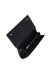 Svart läderplånbok med en texturerad yta, utrustad med flera kortplatser, ett ficka med zip och tryckknappsstängning. Inuti är den fodrad.