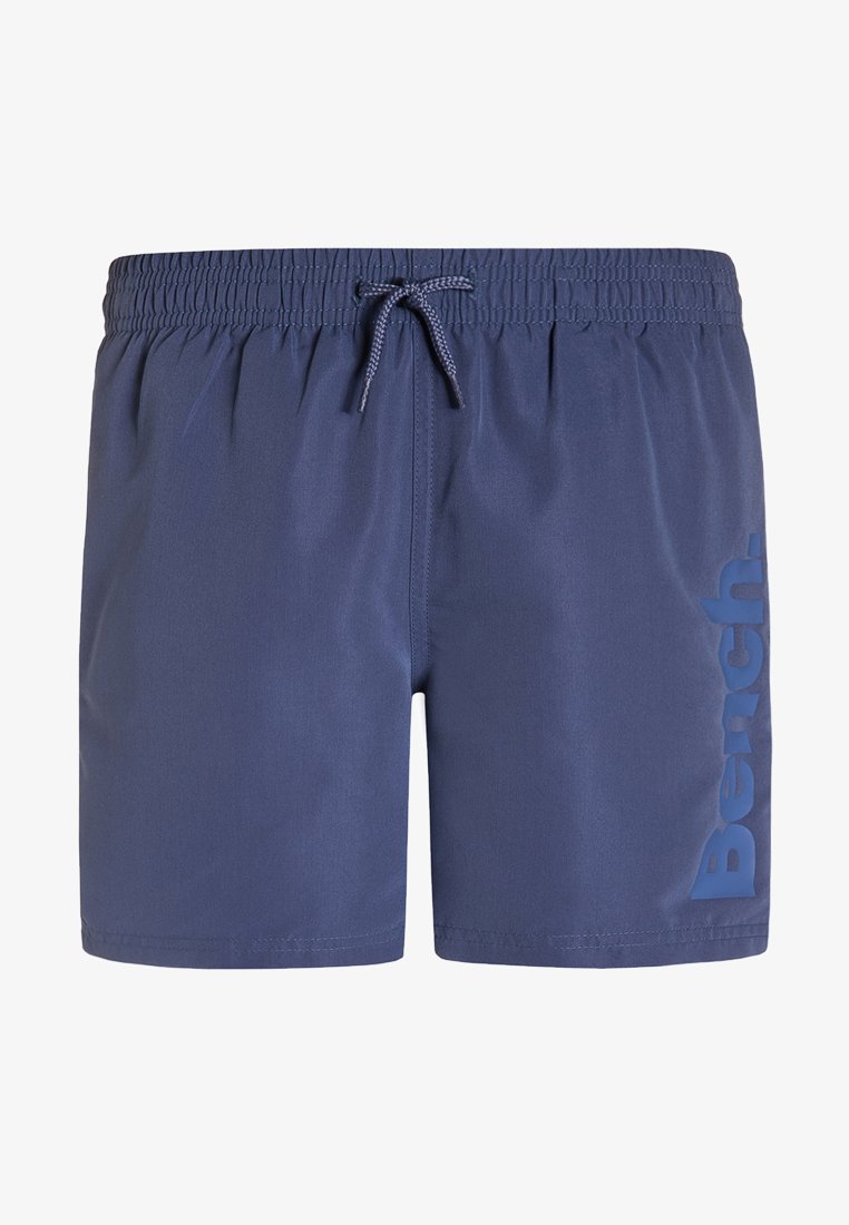 Námornícke modré plavky s elastickým pásom a šnúrkou. Na prednej strane je svetlomodrý potlačený logo "Bench." Hladký povrch.