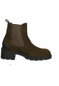 Braune Wildleder-Ankle Boots mit elastischen Seitenpanelen, einer runden Zehenpartie und einer dicken, schwarzen Gummisohle. Das Design umfasst eine Schlaufe an der Rückseite.