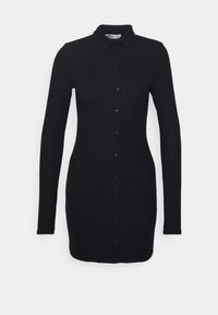 Mustan pitkähihaisen ribbiknitting mekon napitettava etuosa ja terävä kaulus, istuva siluetti.