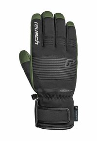 Black and green softshell glove with textured fingers and wrist strap. Features ribbed accents on finger area and logo on the back.