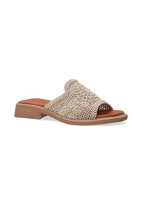 Strikket åben tå slide sandal med en tekstureret beige overdel, en brun polstret sål og en lav blokhæl for ekstra støtte.