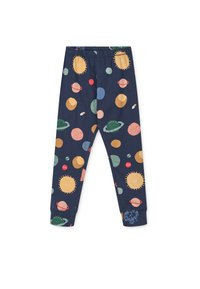 Marine leggings met een elastische tailleband, met een kleurrijke, ruimte-thema print van planeten, sterren en andere hemellichamen.