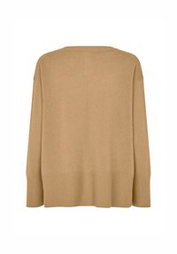 Beiger Oversized-Pullover mit rundem Ausschnitt, geripptem Saum und weiten Ärmeln. Glatte Stricktextur, minimalistisches Design ohne Muster oder Akzente.