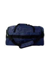 Sac marin en tissu durable de couleur marine, doté de poignées noires et d'une sangle amovible. Comprend des compartiments zippés. Texture lisse.