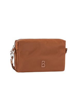 Rechteckiges braunes Leder-Armbändchen mit Reißverschluss und kleinem eingeprägtem Buchstaben B auf der Vorderseite.