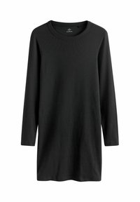 Vestido negro de manga larga hecho de tela de canalé, con un escote redondo y un corte holgado que se extiende ligeramente por debajo de las caderas.