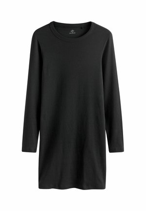 Schwarzes Langarmkleid aus geripptem Stoff, mit rundem Ausschnitt und lockerer Passform, die leicht unter die Hüften fällt.