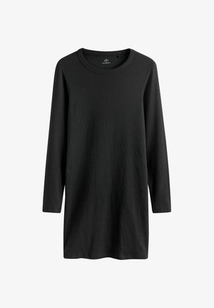 Schwarzes Langarmkleid aus geripptem Stoff, mit rundem Ausschnitt und lockerer Passform, die leicht unter die Hüften fällt.