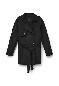 Trench coat nero doppiopetto con ampi revers, quattro bottoni, polsini regolabili e una cintura di tessuto coordinata legata in vita.