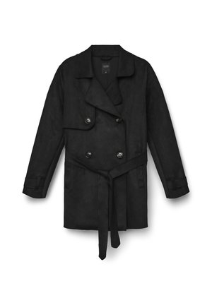 Schwarzer doppelt knöpfbarer Trenchcoat mit breiten Revers, vier Knöpfen, verstellbaren Manschetten und einem passenden Stoffgürtel, der in der Taille gebunden ist.