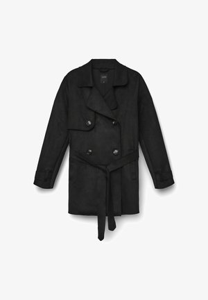 Schwarzer doppelt knöpfbarer Trenchcoat mit breiten Revers, vier Knöpfen, verstellbaren Manschetten und einem passenden Stoffgürtel, der in der Taille gebunden ist.